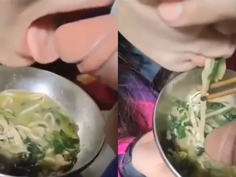 độc lạ em ăn mì còn lấy cục thịt anh chấm vào nước để mút